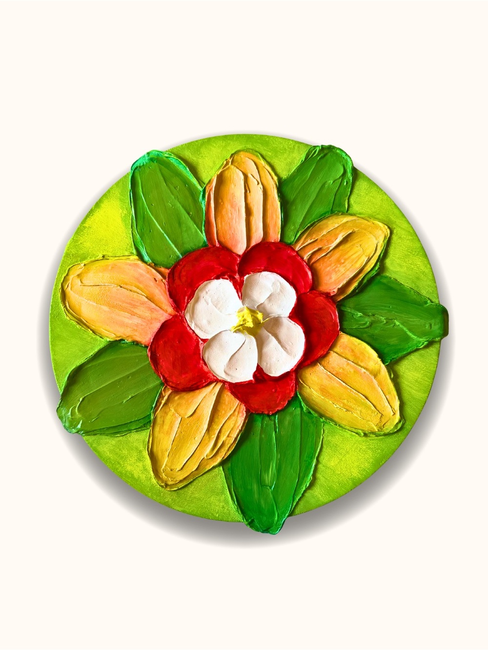 Handcrafted Round Floral Wall Art in Green, Red and Yellow